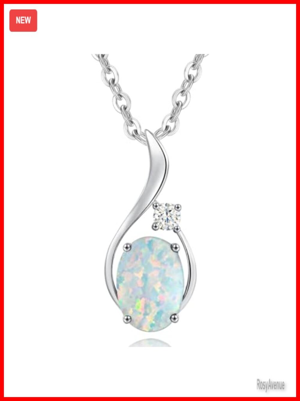 14K Solid White Gold Oval Opal Pendant Necklace with Diamond